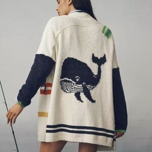 Anthropologie Whale Graphic Cardigan - Navy and Cream